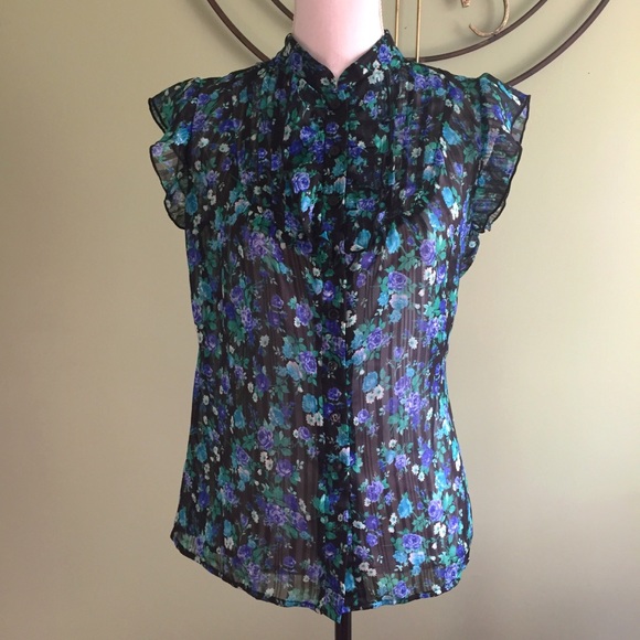 Maurices Tops - Blue Floral Sheer Flutter Sleeve